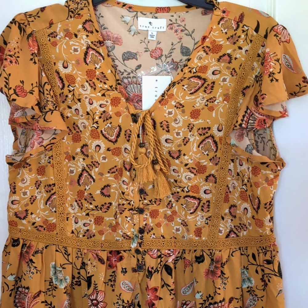 True Craft Flutter Sleeve Saffron Floral Top. Size Large $48. Boho - Picture 16 of 16